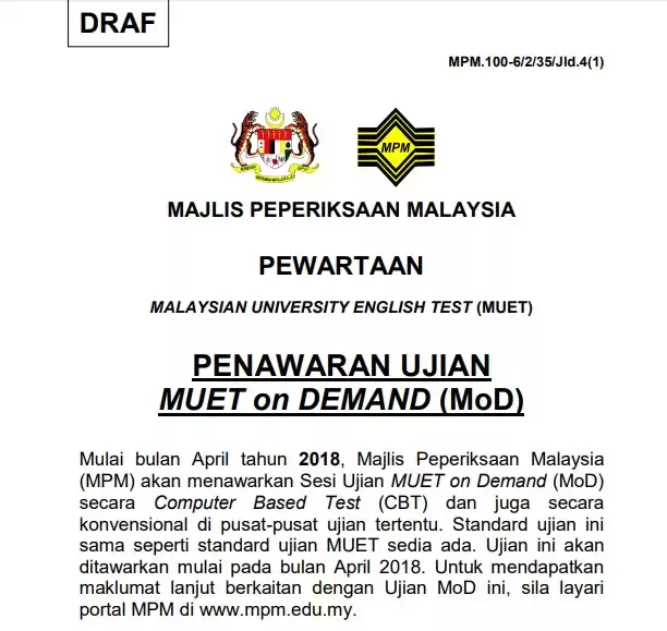 Ujian MUET on Demand (MoD) Mulai April 2018