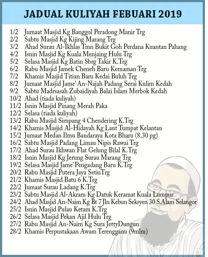 Jadual Kuliah Ustaz Azhar Idrus (UAI) Februari 2019