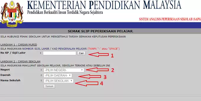 SAPS Ibu Bapa Semak Keputusan Peperiksaan Online