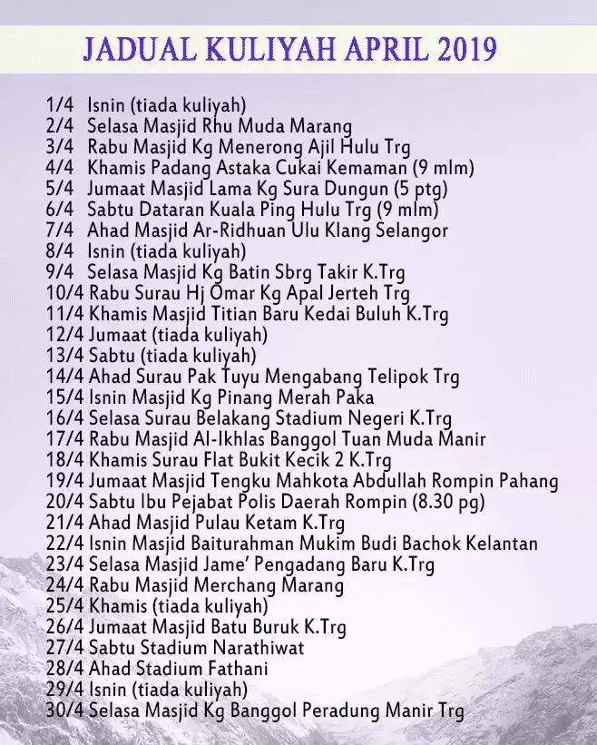 Jadual Kuliah Ustaz Azhar Idrus (UAI) bulan April 2019