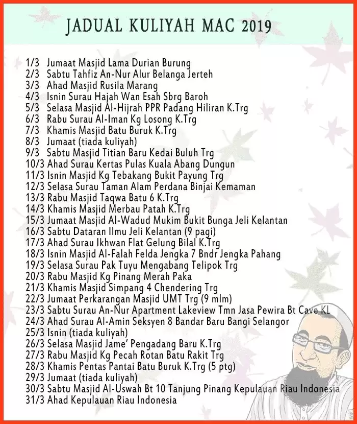 Jadual Kuliah Ustaz Azhar Idrus (UAI) bulan Mac 2019