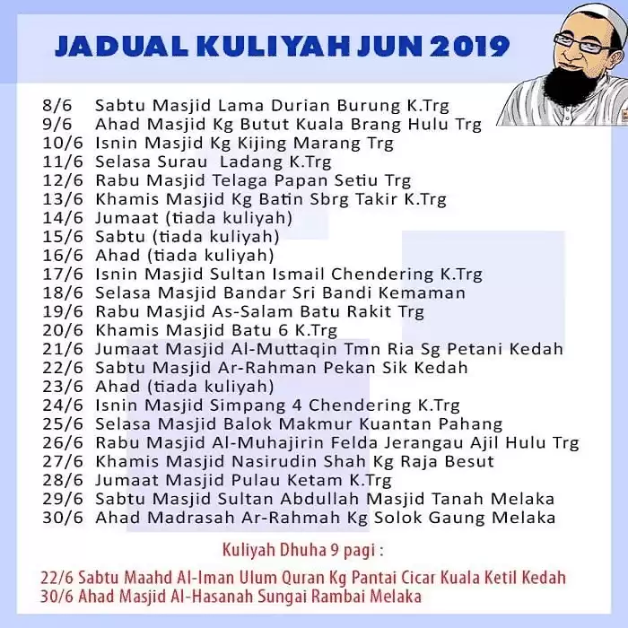 Jadual Kuliah Ustaz Azhar Idrus (UAI) bulan Jun 2019